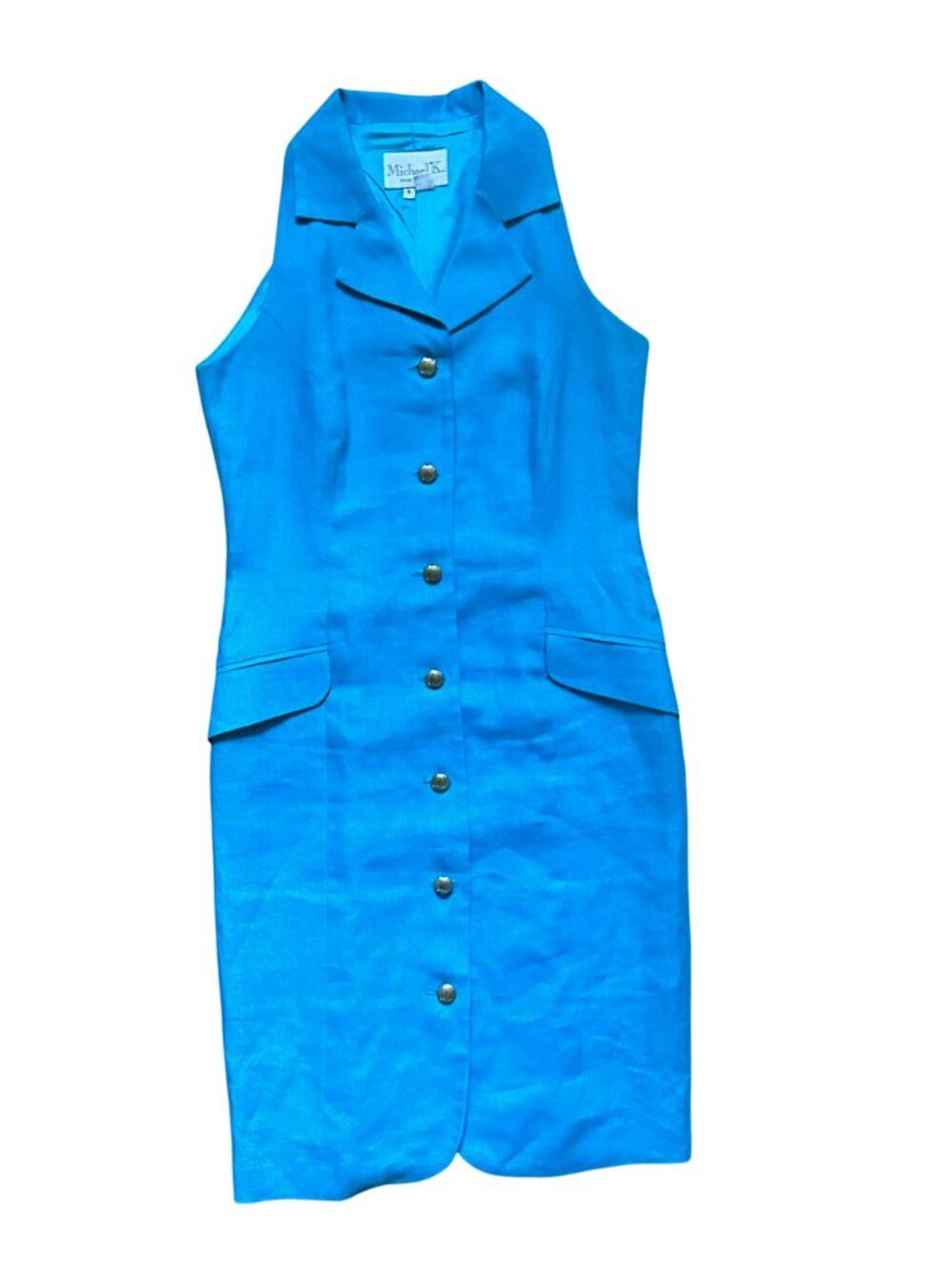 90s Vintage Bright Blue Sleeveless Collared Linen Dress with Gold Buttons